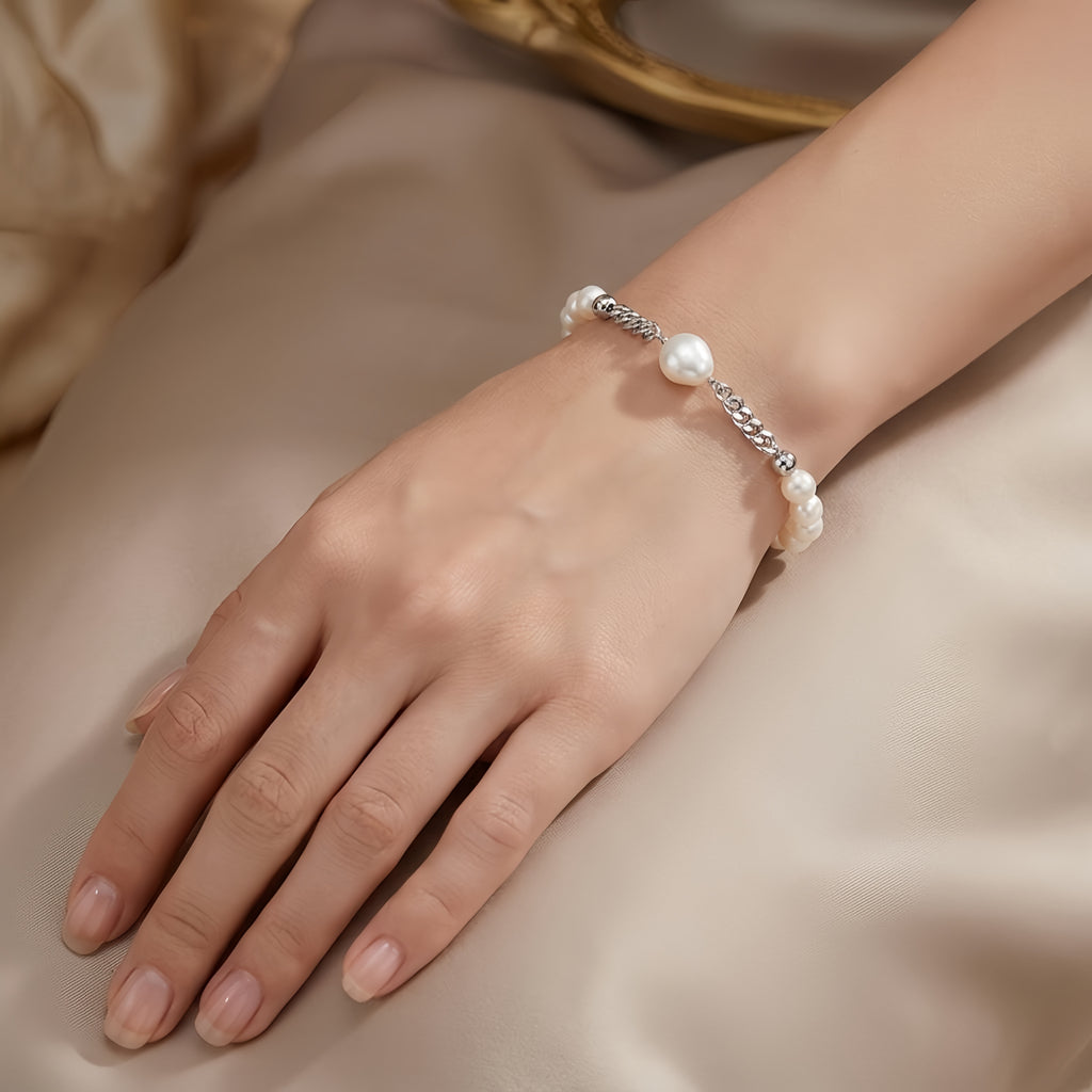 925 Sterling Silver Elegant Pearl and Sterling  Chain Bracelet with Teardrop Accent