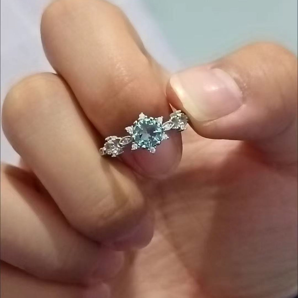 Blue Zircon Snowflake Ring, Aquamarine CZ Engagement Ring For Women