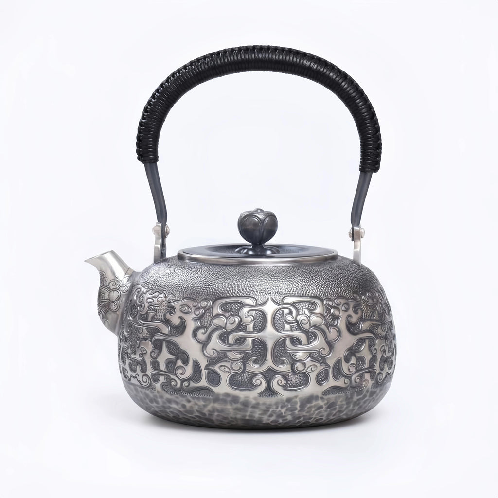 Pure 999 Fine Silver Elegant  Teapot with Intricate Cloud Patterns and Coiled Black Handle-Fine large teapot - Handicraft