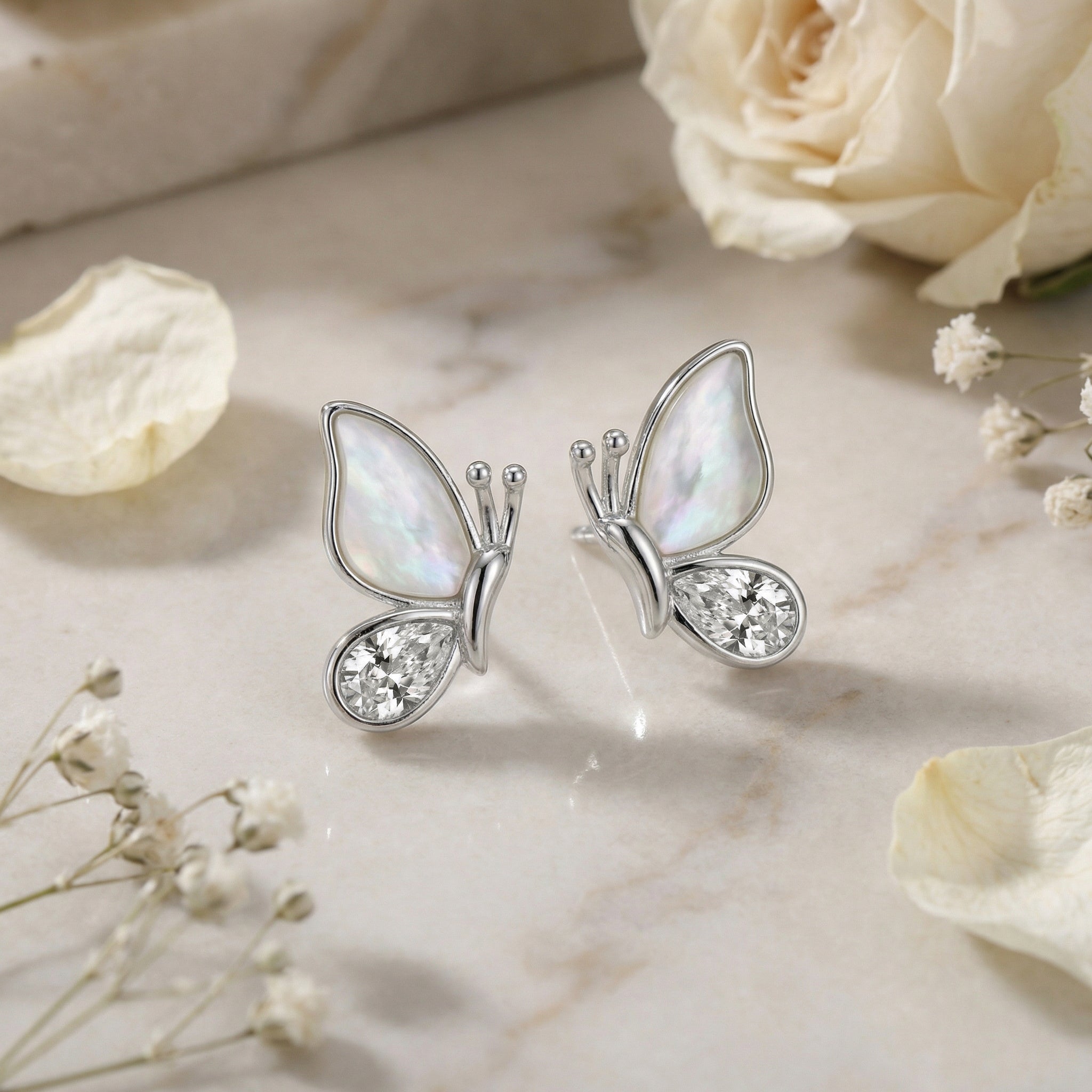 925 Sterling Silver Elegant Butterfly Stud Earrings with Iridescent Inlays and Sparkling Crystals