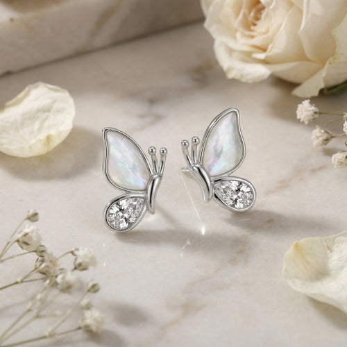925 Sterling Silver Elegant Butterfly Stud Earrings with Iridescent Inlays and Sparkling Crystals