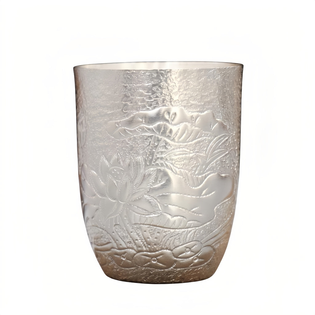 Pure 999 Fine Silver Exquisite Hand-Hammered Silver Tumbler with Intricate Lotus Relief Carvings - Handicraft
