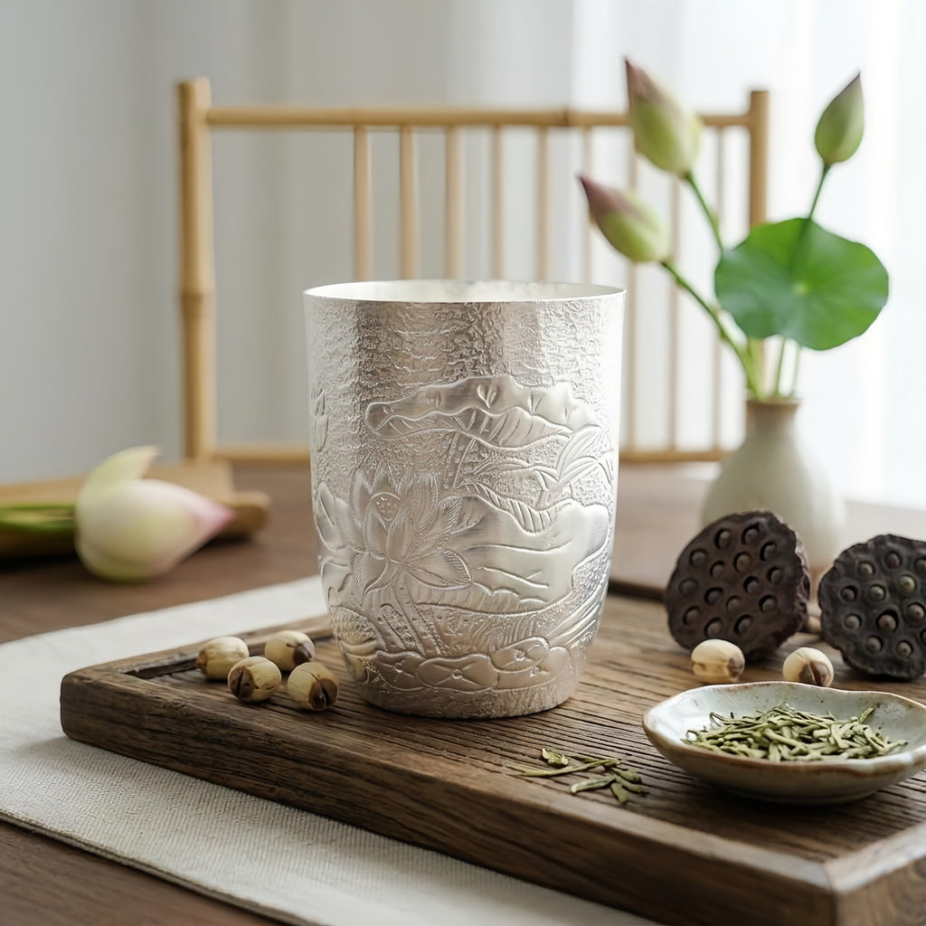 Pure 999 Fine Silver Exquisite Hand-Hammered Silver Tumbler with Intricate Lotus Relief Carvings - Handicraft