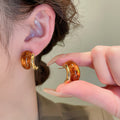 Vintage Amber Resin Gold Hoop Earrings For Women, Trendy 2026 Maillard Style Chunky Gold & Brown Resin C-Shaped Hoops, Lightweight Fashion Ear Jewelry