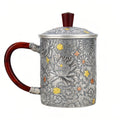 Pure 999 Fine Silver Handcrafted Floral Embossed Silver Tea Mug with Elegant Wood Accents - Handicraft