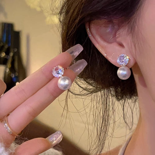 Sparkling Halo CZ Pearl Drop Earrings For Women, Dainty Cubic Zirconia Pearl Stud Earrings, Luxury Elegant Bridal Wedding Jewelry Gift