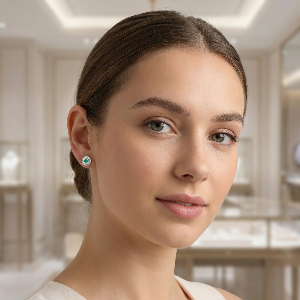 925 Sterling Silver Elegant Round Green Gemstone Stud Earrings with Sparkling Halo