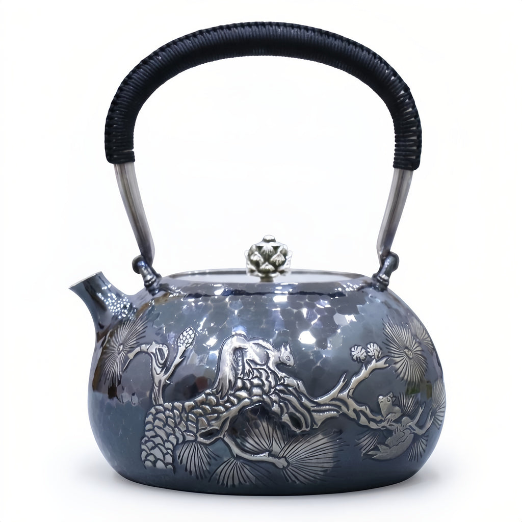 925 Sterling Silver Elegant Handcrafted  Teapot with Nature-Inspired Squirrel and Pine Cone Design-Fine large teapot - Handicraft