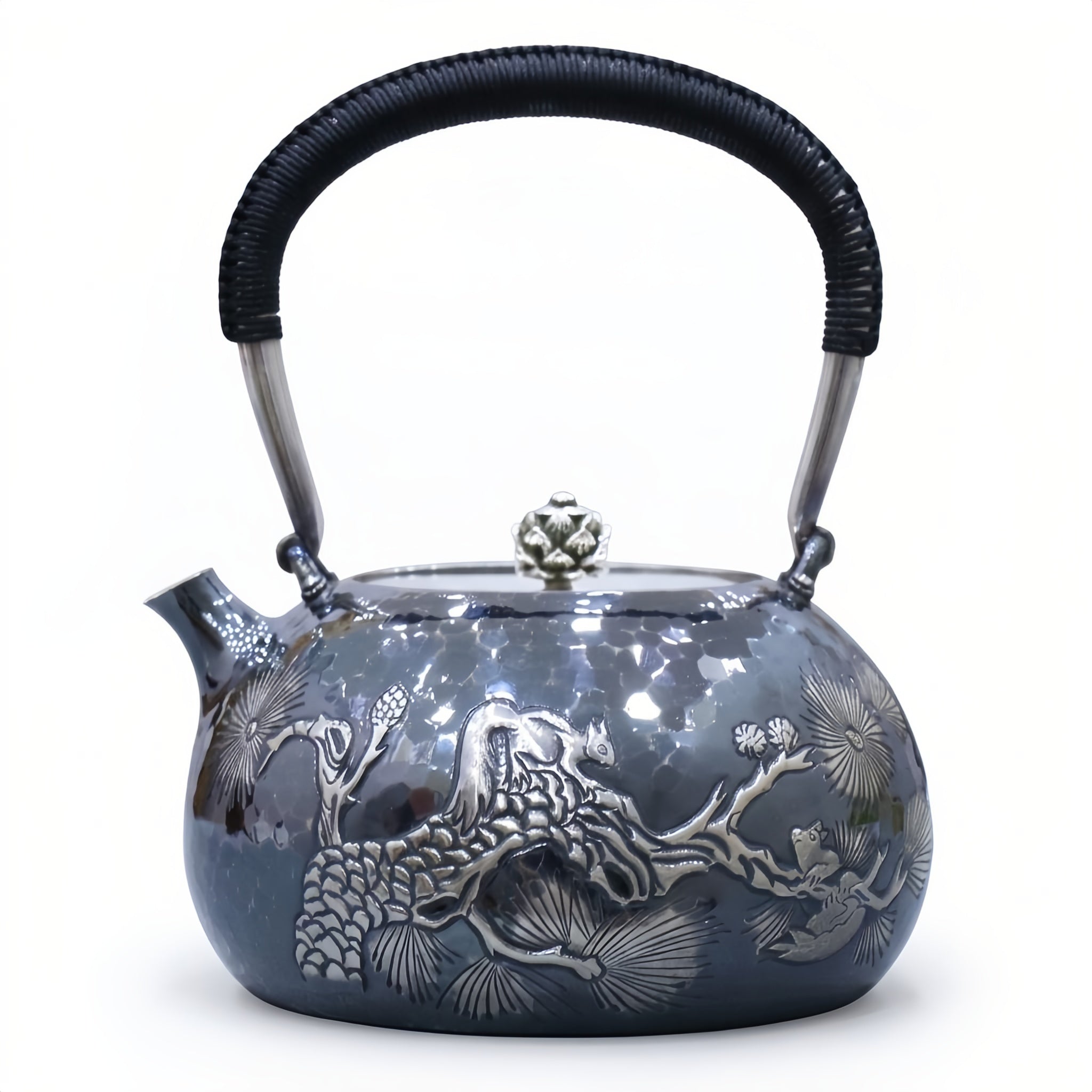 925 Sterling Silver Elegant Handcrafted  Teapot with Nature-Inspired Squirrel and Pine Cone Design-Fine large teapot - Handicraft