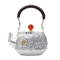 925 Sterling Silver Handcrafted Silver Floral Teapot with Red Agate Knob and Woven Handle - Handicraft
