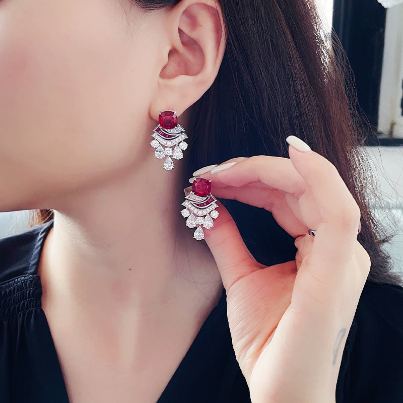 Retro Ruby Crown Ring And Earrings Light Luxury Jewelry