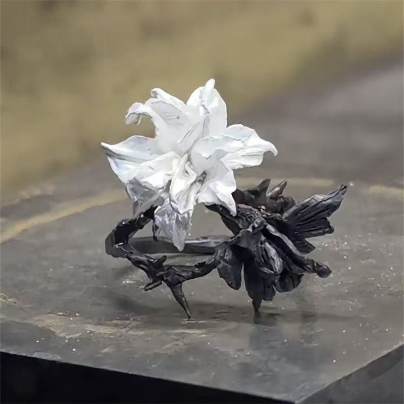 Schwarz-Weiß Mandala-Blumenring, Nischendesign, Cooler Stil Wechselnde Farbe Pinky Ring