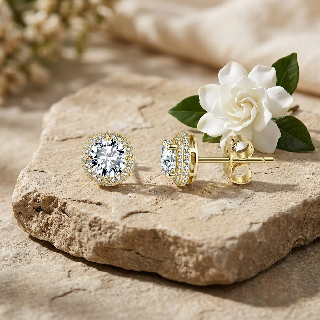 925 Sterling Silver Elegant Gold CZ Halo Stud Earrings with Butterfly Backs