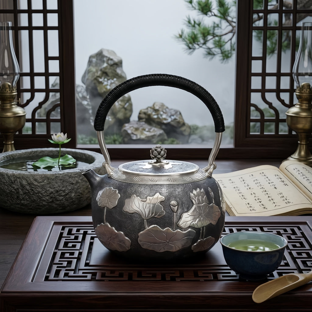 Teekanne aus 925er Sterlingsilber, handgefertigt, mit geprägtem Lotus-Teich-Motiv und schwarzem Kordelgriff - Kunsthandwerk