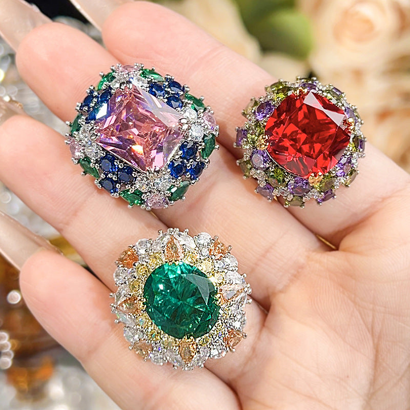 Luxury Oval Cut Simulated Emerald Ring, Multi-Color Gemstone Pave Setting Statement Ring For Women