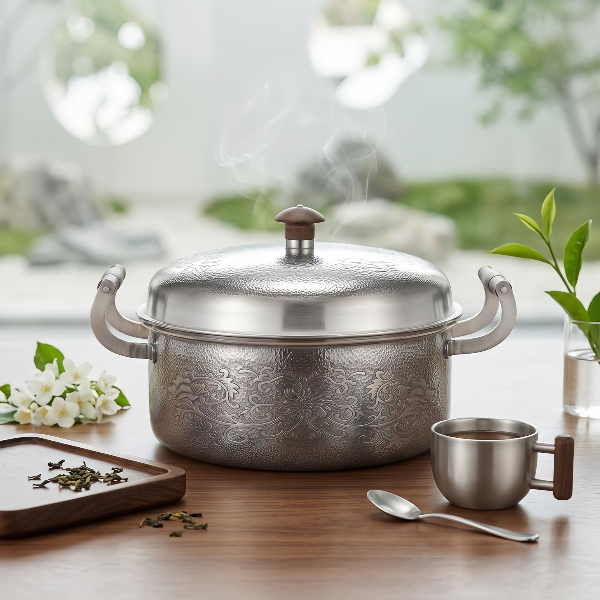 Pure 999 Fine Silver Elegant Hand-Hammered Silver Metal Pot with Intricate Floral Engravings and Wooden Handles - Handicraft
