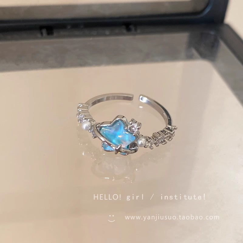 Gletscherblauer Stern Mond Offener Ring für Frauen, Leichter Luxus Minimalistischer Hochwertiger Zeigefingerring
