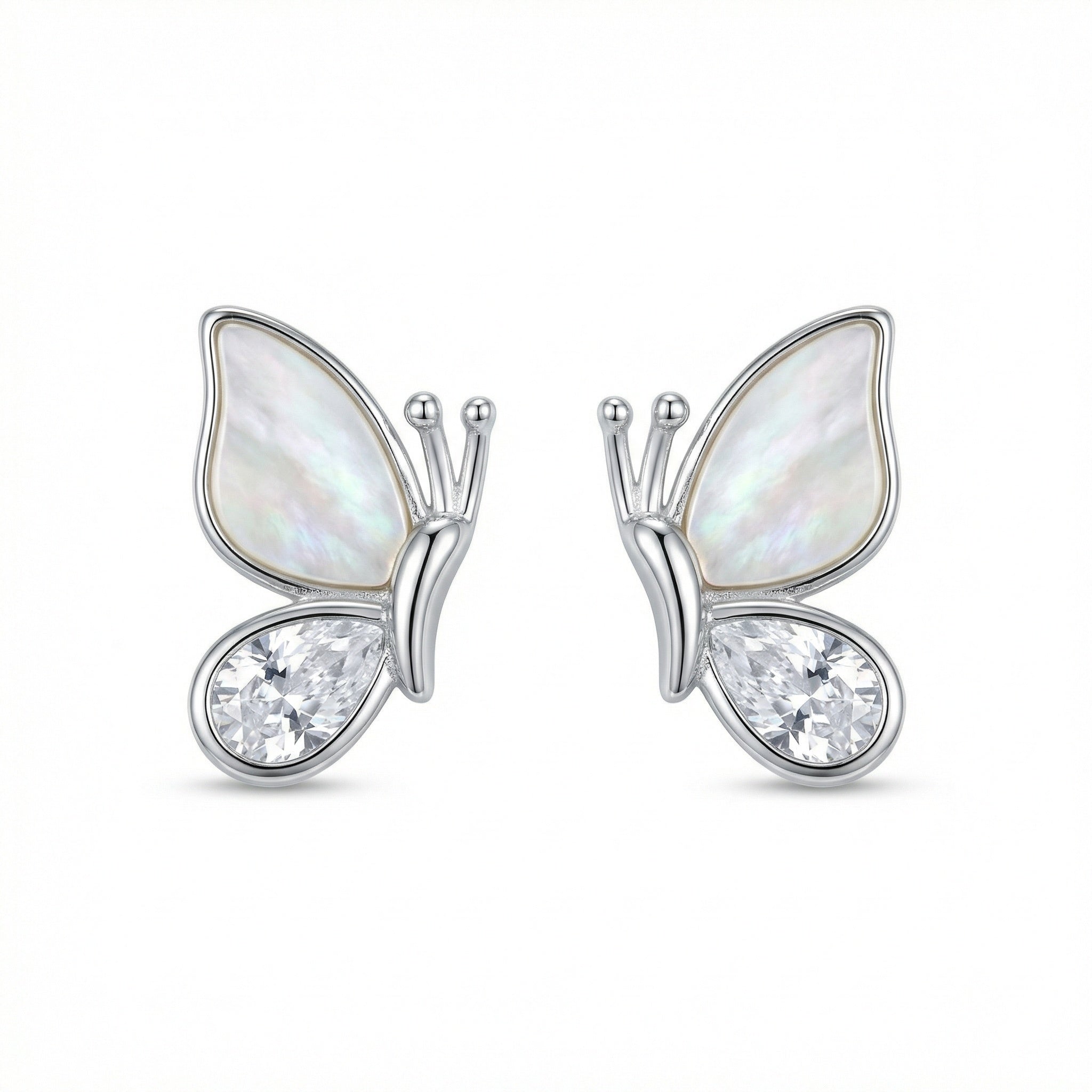925 Sterling Silver Elegant Butterfly Stud Earrings with Iridescent Inlays and Sparkling Crystals