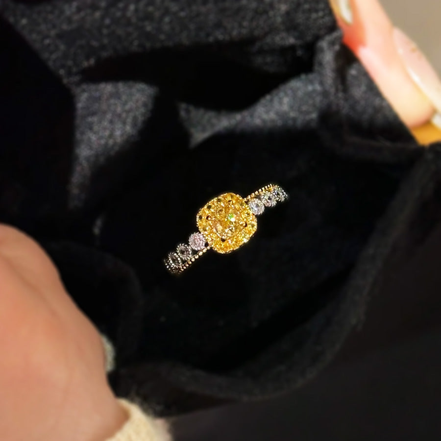 Light Luxury Yellow Diamond Sugar Cube & Pineapple Ring, Niche Design, High-End Exquisite Fashion Gemstone Ring For Women