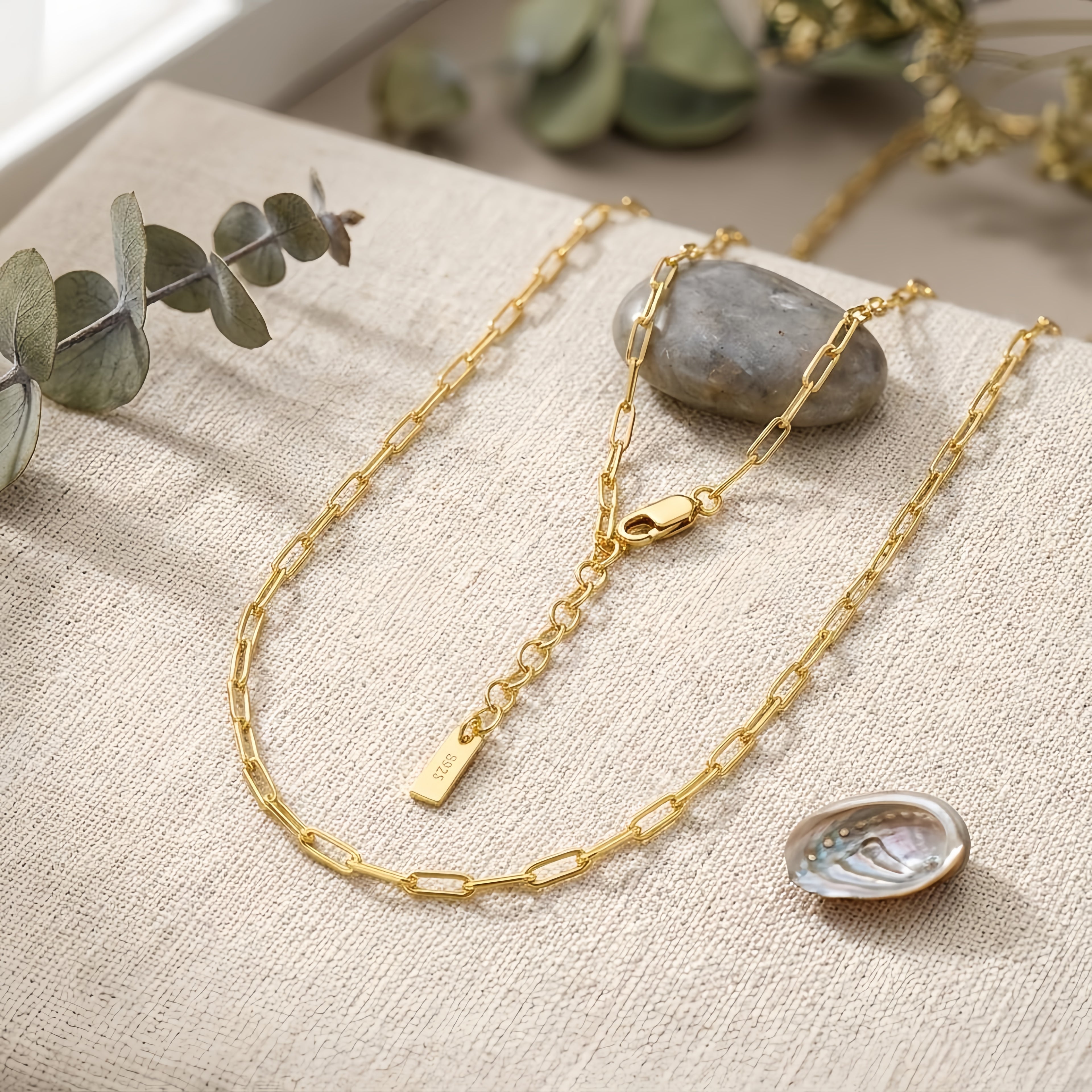 925 Sterling Silver Elegant Gold Paperclip Chain Necklace with Adjustable Length and Lobster Clasp