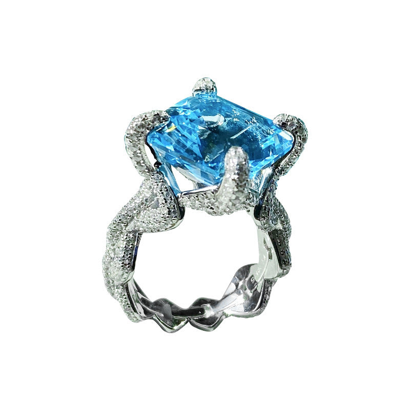Square Cut Blue Gem Pave Ring, Sparkling Engagement Ring For Her