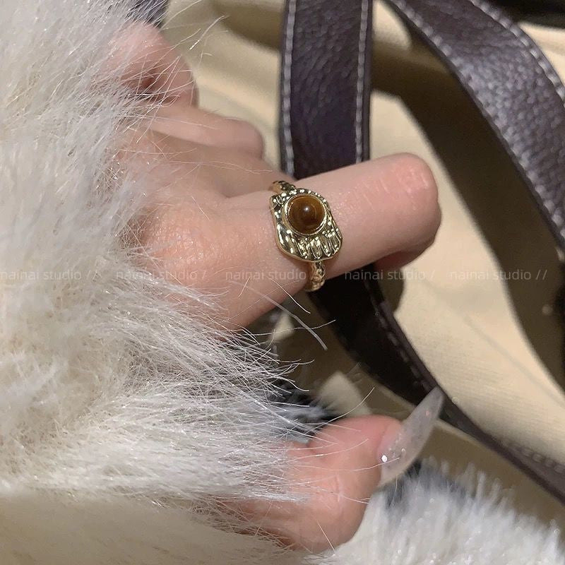 Vintage Tigerauge Offener Ring für Damen, Maillard Retro Nischen Design High-End Zeigefingerring