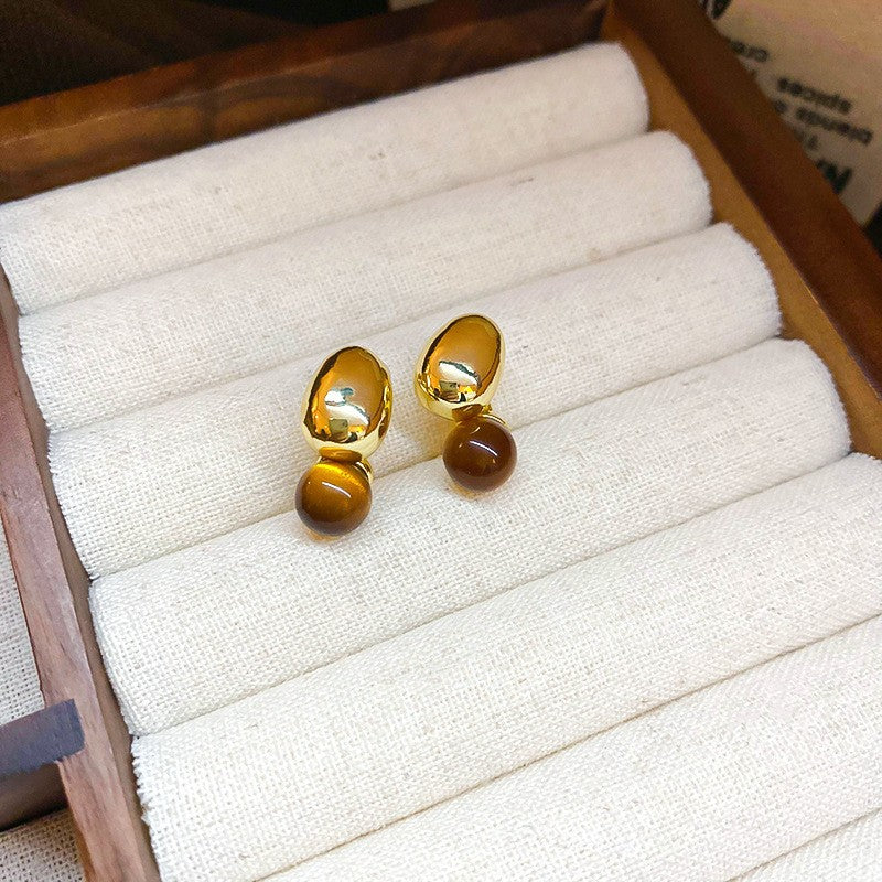 Handgemachte Maillard Ästhetik Creolen, bernsteinfarbene Harz- und goldfarbene C-förmige Ohrringe, Vintage Chunky leichte Mode Schmuck, einzigartiges Geschenk für Sie