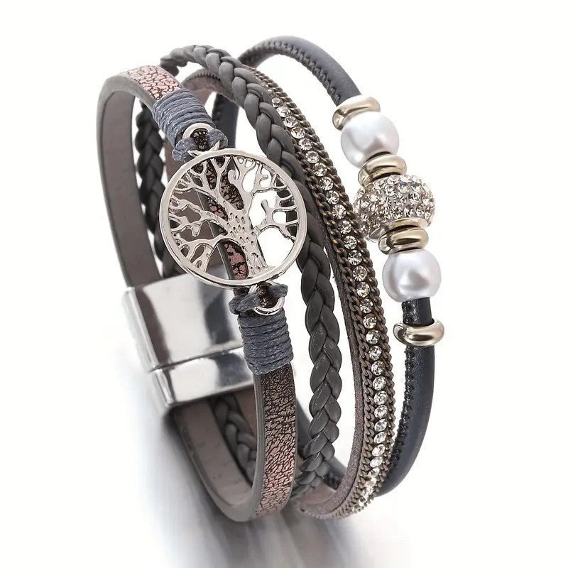 Drilled-bead Multi-layer PU Leather Braided Magnetic-clasp Bracelet