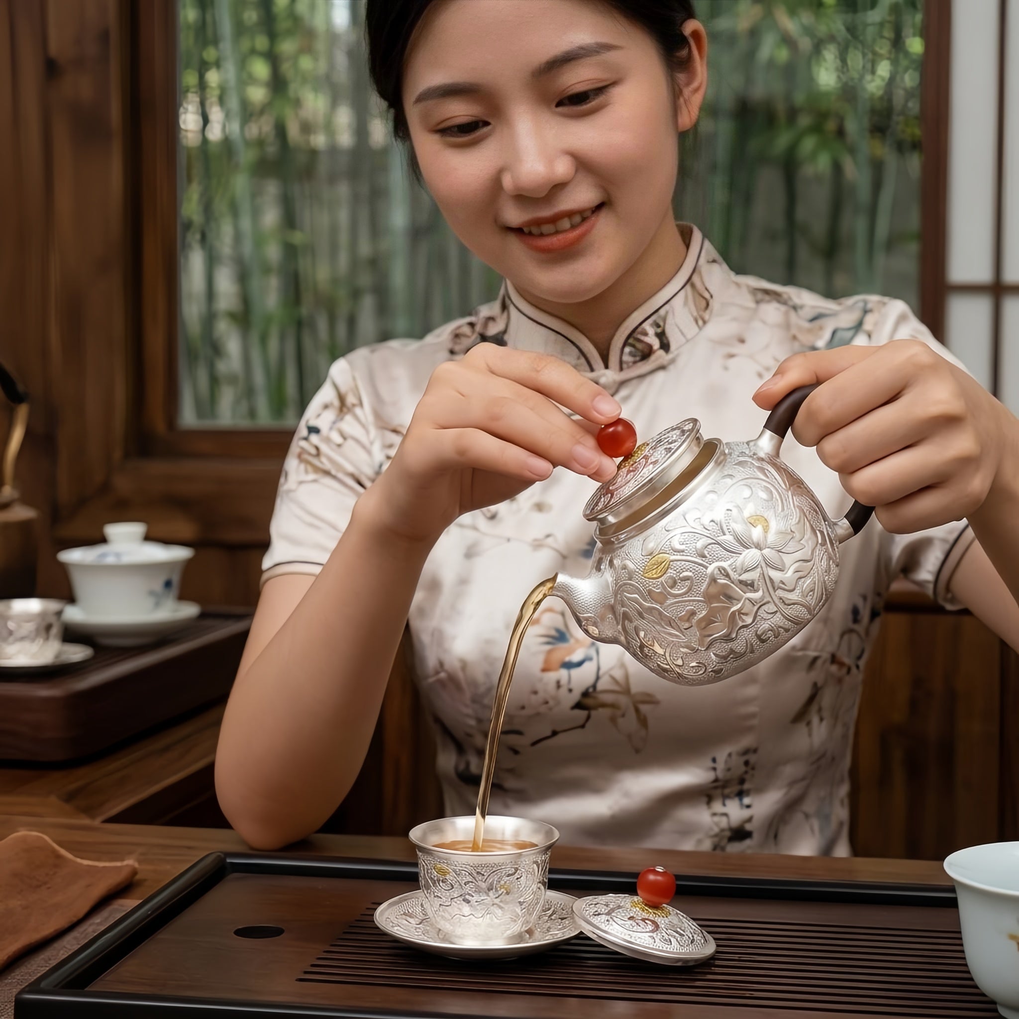Pure 999 Fine Silver Handcrafted Silver Teapot Featuring Intricate Lotus Engravings and a Crimson Finial - Handicraft